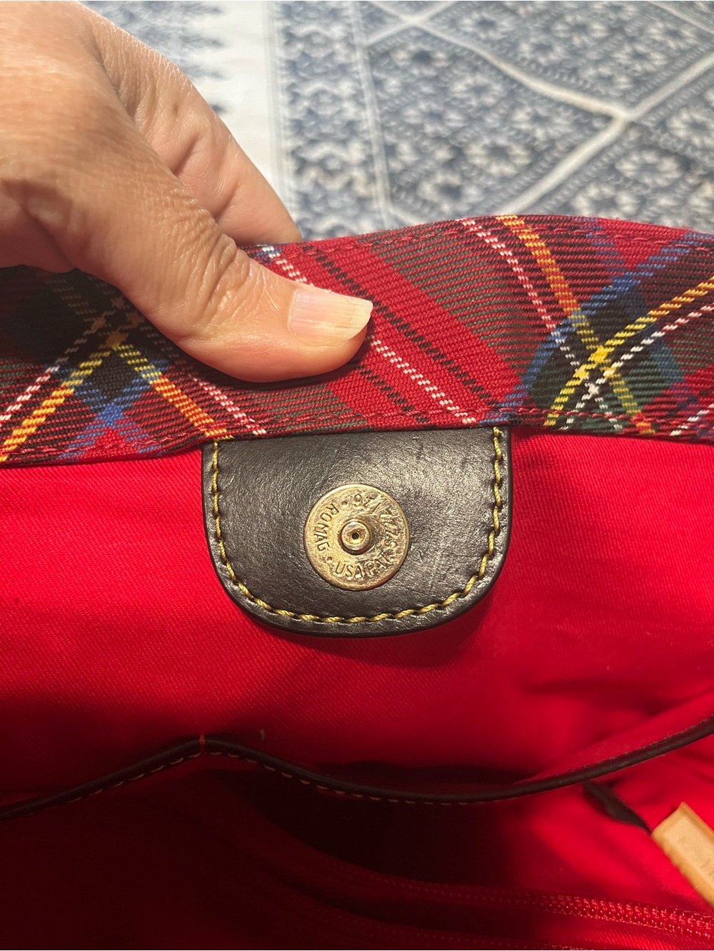 Dooney & Bourke Red TartanTote with Black Leather Handles (Some Interior Marks) - Picture 14 of 16
